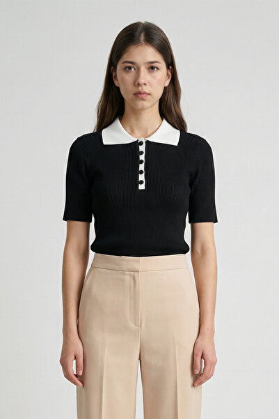 MODASPARK Μαύρο κοντομάνικο πουλόβερ με γιακά πόλο και κουμπιά, λεπτό γυναικε...