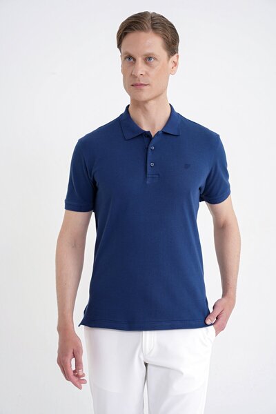 Efor Comfort Fit Ribbed Sleeves 100% Cotton Buttoned Navy Blue Polo Collar T-...