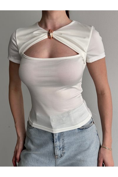 queencity Women's Crop Blouse with Buckle Detail