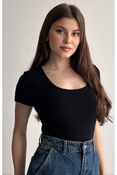 LİFERA Women's Square Neck Short Sleeve Slim Fit Basic Blouse