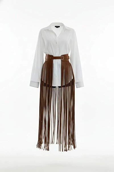 Mariposa Secret Tan Skirt Long Tasseled Faux Leather Skirt - Brf1003