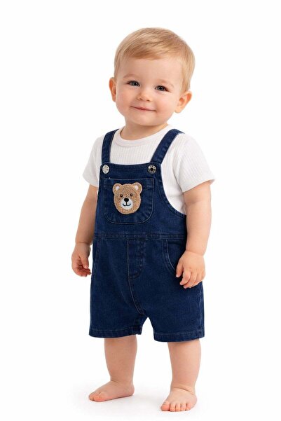 dinamik çocuk Baby Boy Short Denim Overalls 2-Piece Set – Plush Bear Detail, ...