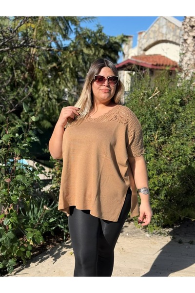 Punta Otantik D12677 Sleeve Detailed Knitwear Poncho Camel