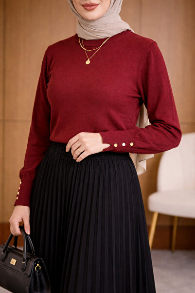 SADEL Kolu Düğmeli Triko Tunik - Bordo