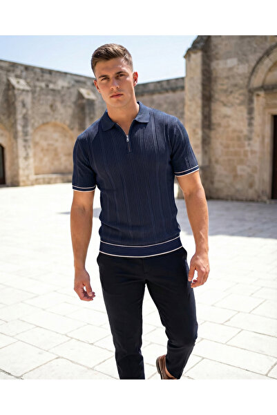 SAYZEN YOUR SHİNE Striped Jacquard Zippered Polo Collar Men's T-Shirt