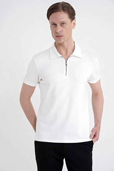 Efor Slim Fit Esnek Pamuklu Fermuarlı Polo Yaka Ekru Tişört TS 926