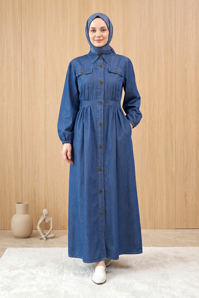 FERHEL Women's Elastic Sleeves, Buttoned, Double Pockets, Hijab-Friendly Deni...