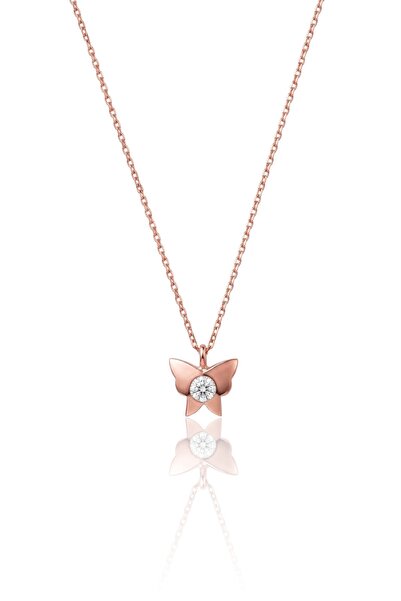 Söğütlü Silver 925 Ayar Gümüş Kolye Rose Kaplama Tek Taşlı Minimal Kelebek Ko...
