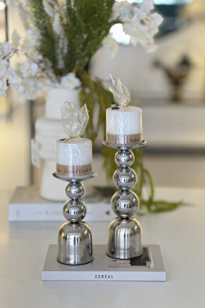 Shura Homeware Aris 2'li Mumluk Metal Gümüş Mumluk Ev Dekorasyonu