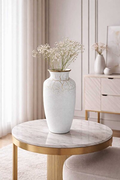 ROXART METAL VAZO 32 CM BEYAZ ESKİTME DEKORATİF AKSESUAR YAPAY ÇİÇEK VAZO