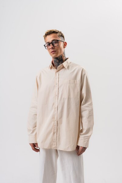 Respire Ανδρικό πουκάμισο ποπλίνα oversize σε μπεζ χρώμα