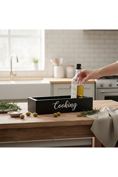 Ahşap Mutfak Organizeri Yağdanlık Altlığı ve Baharatlık Standı - Modern "Cooking" Tasarımlı