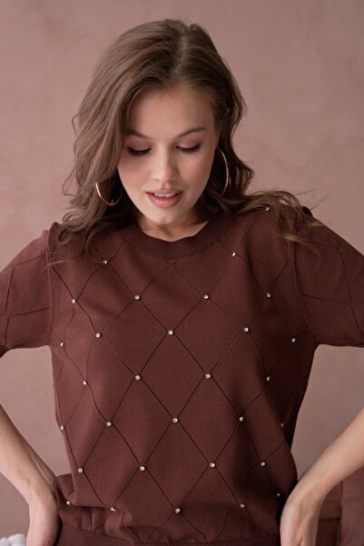 Arbucky Women's Crew Neck Knitwear Blouse with Stone Detail on the Front and ...