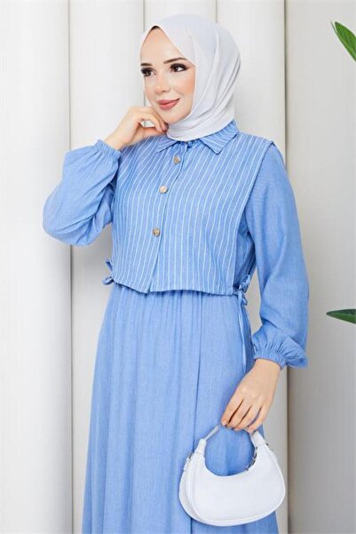 Neşeli Butik γυναικείο μπλε πουκάμισο με λεπτομέρειες, μάξι μήκος, ριγέ, φόρε...