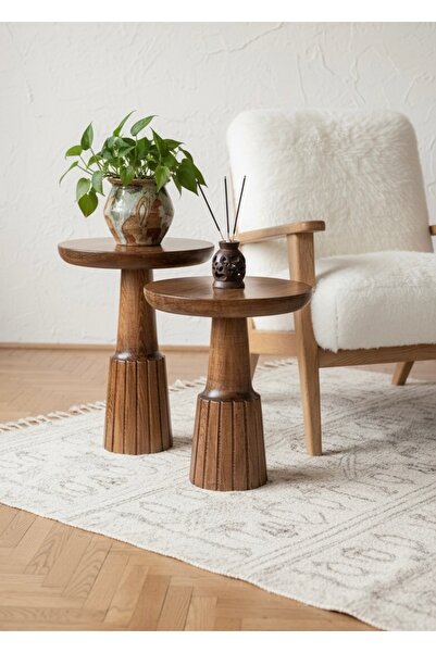 ASELYA HOME Doğal Ahşap 2’li Set Mantar Yan Sehpa Modern Fiskos Zigon Çiçeklik