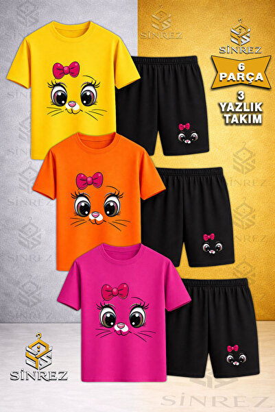 SİNREZ Çocuk KEDI GOZ PEMBE KURDALE Baskılı Bisiklet Yaka 3 Lü Tişört - Şort ...