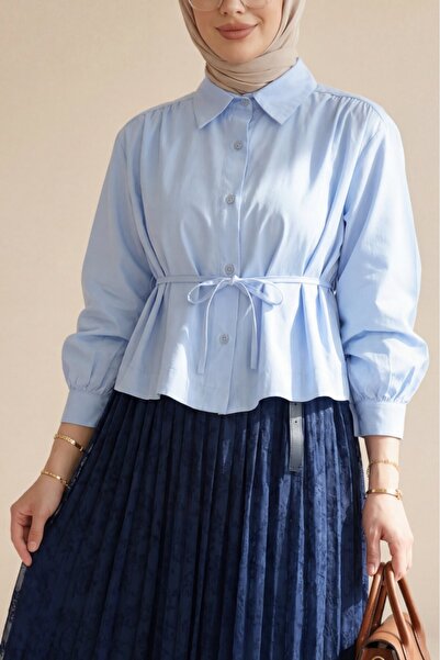 Modamorfo Lace-Up Shirt Blouse with Gathered Shoulders - Baby Blue