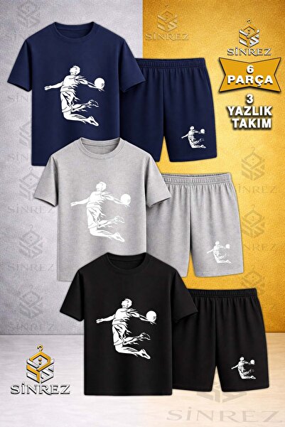 SİNREZ Çocuk BASKET HAVADA ASILI BEYAZ Baskılı Bisiklet Yaka 3 Lü Tişört - Şo...