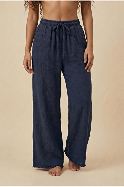 PORİENTO Γυναικείο παντελόνι σε μπλε ναυτικό χρώμα, 100% βαμβακερό ύφασμα μου...