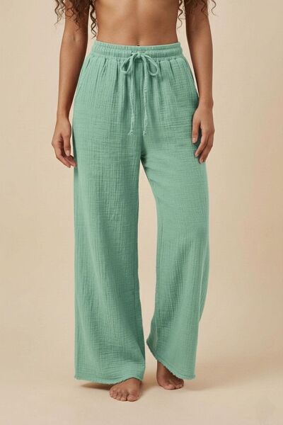 PORİENTO Πράσινο μέντα 100% βαμβακερό ύφασμα μουσελίνας Γυναικείο παντελόνι μ...