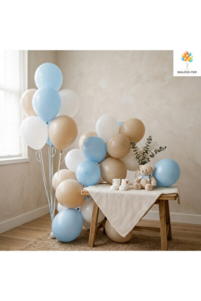 baloss fer Mavi Bej Beyaz Balon Seti 20’li Baby Shower Erkek Bebek Parti Süsü...