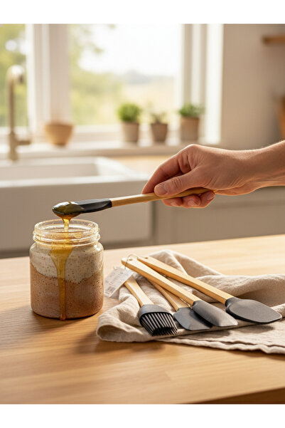 Tasarım Evi 5 Parça Mini Bambu Saplı Silikon Spatula Ve Hazırlık Seti