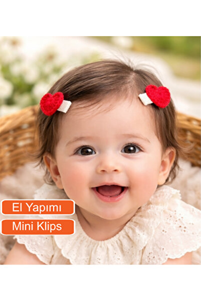 Miccolatte Kız Bebek El Örgüsü Kırmızı Kalpli 2li Klips Toka(3,5cm)