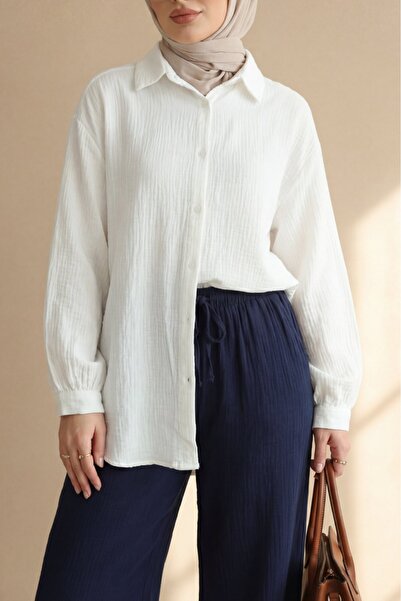 Modamorfo Oval Cut Buttoned Muslin Shirt -Ecru