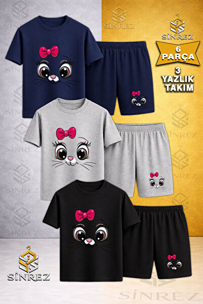 SİNREZ Tricou pentru copii, 3 piese, cu imprimeu CAT EYE PINK RIBBON, cu gâtu...