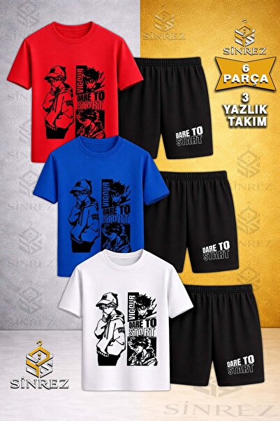 SİNREZ Children's Dare to Start Black Printed Crew Neck 3-Piece T-Shirt - Sho...