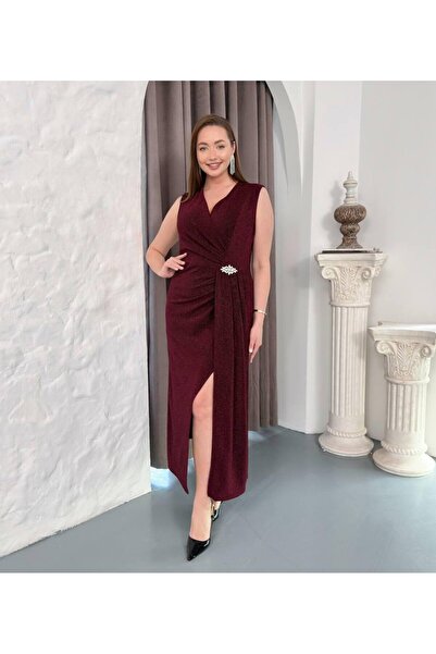 Şirin Butik Γυναικείο βραδινό φόρεμα σε μπορντό χρώμα, με διπλό στήθος, λεπτο...