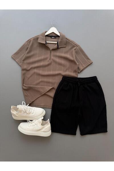 Baycombine35 Raporlu Ottoman Υφασμάτινο Καφέ Μπλουζάκι + Μαύρο Σορτς Σετ 2 τε...