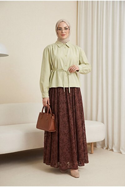 Modamorfo Gathered Shoulder Lace-Up Shirt Blouse - Olive
