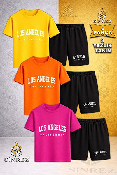 SİNREZ Çocuk LOS ANGELES CALIFORNIA BEYAZ Baskılı Bisiklet Yaka 3 Lü Tişört -...