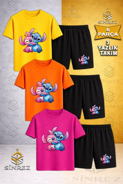SİNREZ Tricou pentru copii LILO STITCH HUG cu imprimeu, cu gât rotund, 3 pies...