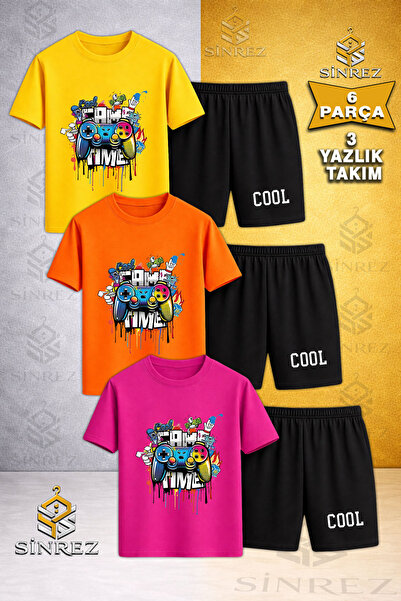 SİNREZ Children's Game Time Cool Printed Crew Neck 3-Piece T-Shirt - Shorts Set