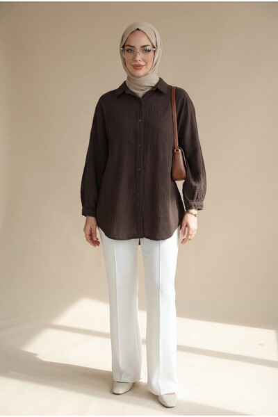 Modamorfo Oval Cut Buttoned Muslin Shirt -K. Coffee