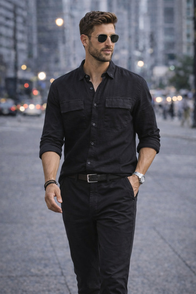 FBI Men's Black Linen Shirt 100% Cotton Double Pocket Regular Fit Summer Brea...