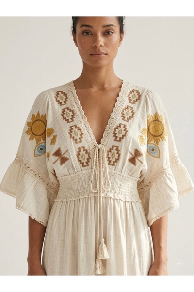 Rabiossa Kadın Boho Luxe Kum Uzun Elbise