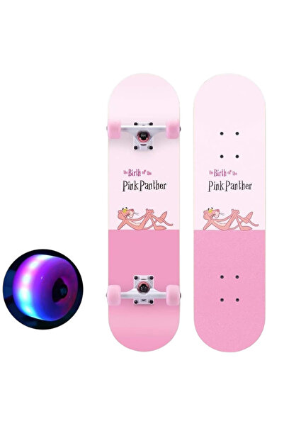 CWT Παιδικό Ξύλινο Σκέιτμπορντ με Φωτιζόμενες Ρόδες, 80 εκ. - Ροζ Πάνθηρας