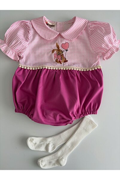 il mio bambino Kız Bebek Tavşan Peter Rabbit Nakışlı Elbise Tulum Pembe Ekose...