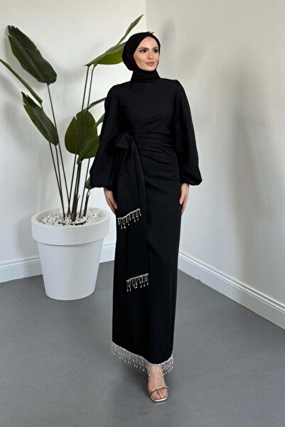 Carmielle Belt and Bottom Rhinestone Evening Dress Black