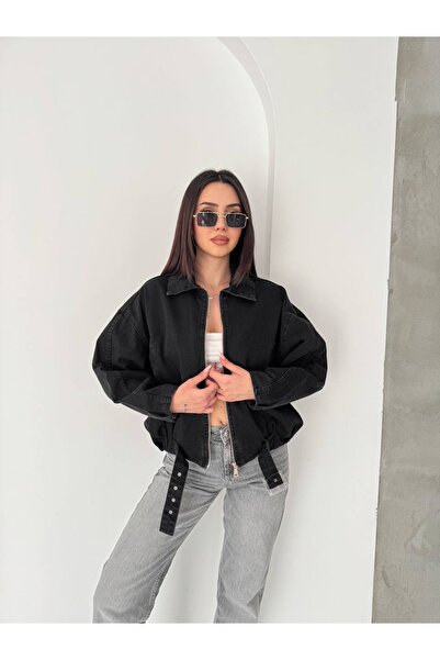 PIOVE Kadın Fermuarlı Oversize Ceket – Kemer Detaylı Denim Mont