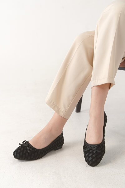 Women Lay-z Γυναικείες μαύρες σουέτ και δερμάτινες μπαλαρίνες με πλεκτό σχέδι...