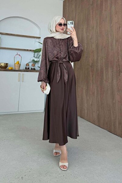 Hazamoda Σετ Φούστας Σατέν Elizabet Καφέ