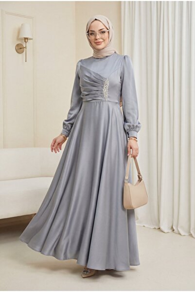 Modamorfo Draped Front Satin Dress with Stone Detail - Silver