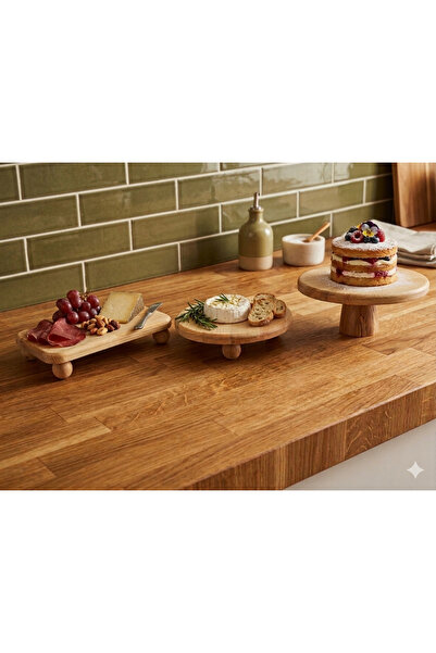 Wood Atölye Üçlü set (NATURAL)25 cm Pasta Standı 25 cm top ayaklı sunumluk 17...