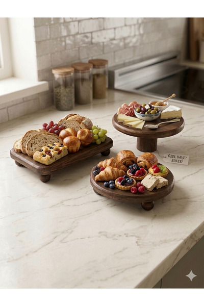 Wood Atölye Üçlü set 25 cm Pasta Standı 25 cm top ayaklı sunumluk 17x25 cm su...