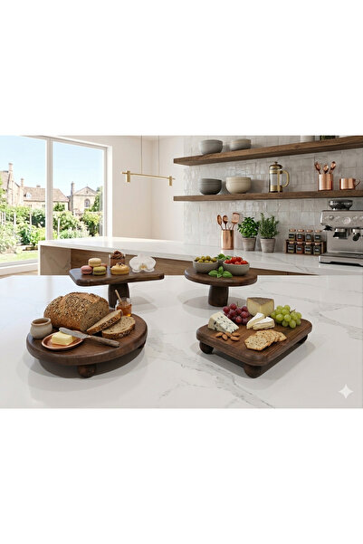 Wood Atölye Dörtlü set 25 cm Pasta Standı 25 cm top ayaklı sunumluk 17x25 kek...