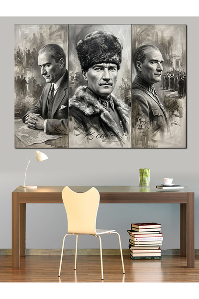 Tablo Mega Mustafa Kemal Atatürk Üçlü Portre Dekoratif Kanvas - Mdf Ahşap Tablo